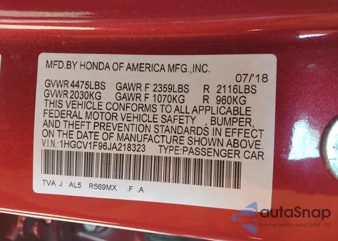 2018 Honda Accord Touring из США, поврежденный, VIN 1HGCV1F96JA218323